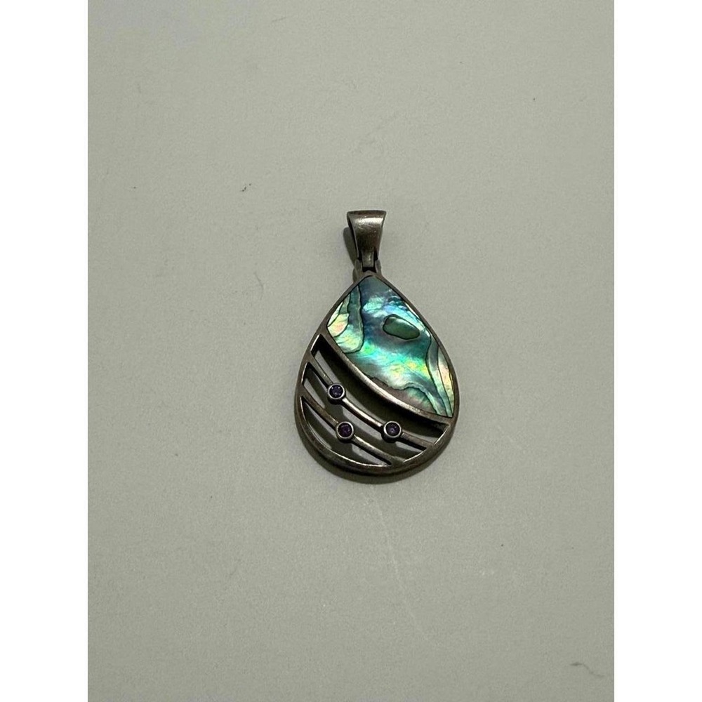 Vintage Sterling Silver Teardrop Abalone Shell Pendant with Amethyst 925